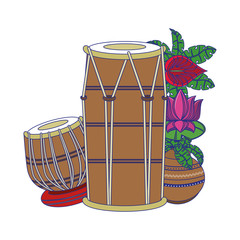 Fototapeta na wymiar Indian tabla drums with lotus flower blue lines