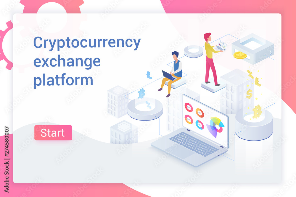Poster tiny people using laptops to trade bitcoins online on starting page of cryptocurrency exchange platf