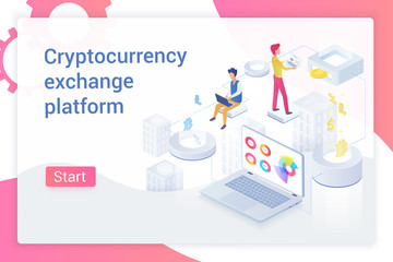 Tiny people using laptops to trade bitcoins online on starting page of cryptocurrency exchange platform website isometric vector illustration.