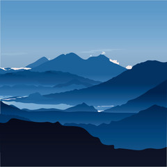 Ilustración de montañas y lago. Diseño plano de paisaje con degradados de colores. 