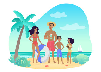 Obraz na płótnie Canvas Cheerful parents and kids in swimwear standing near palm on sea shore while relaxing on resort together vector illustration.