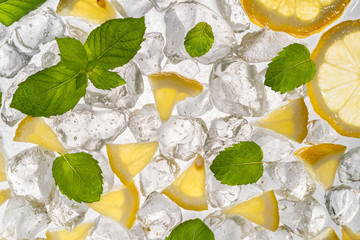 Sliced lemon ice and mint background