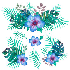 Peonies with tropical plants. Green jungle.