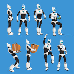 robot in different poses in set on blue background