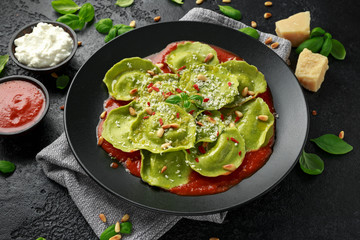 Italian ravioli pasta stuffed with basil pesto, creamy ricotta and crunchy pine nuts. Healthy Vegetarian food