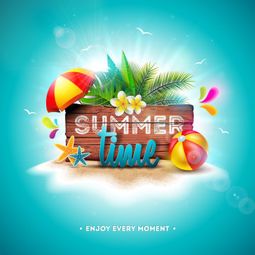 Vector Summer Time Holiday Illustration with Typography Letter on Vintage Wood Board Background. Tropical Plants, Flower, Beach Ball and Sunshade on Paradise Island for Banner, Flyer, Invitation