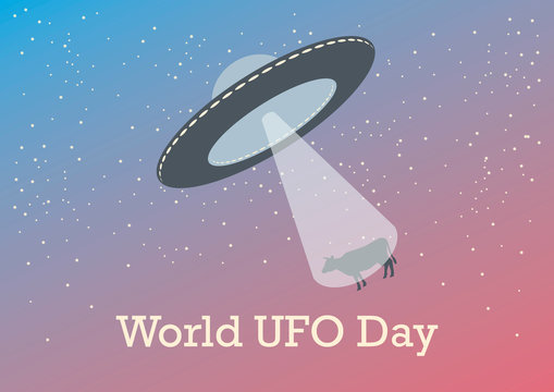 World UFO Day vector. Spaceship vector illustration. Space background with space ship. Flying saucer with a cow. UFO in space. Alien on a starry background. Important day