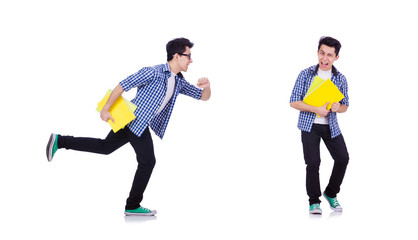 Student with lots of books on white