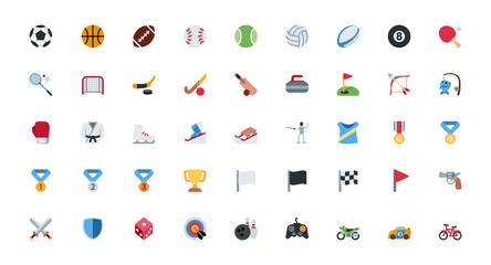 All type of sport icons, symbols, emojis vector illustration flat style activities, emoticons set, collection, group, big package.
