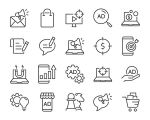 set of marketing icons, such as strategy, planning, service, campaign, customer target, social media ads