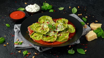 Italian ravioli pasta stuffed with basil pesto, creamy ricotta and crunchy pine nuts. Healthy Vegetarian food