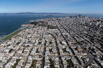 Afternoon aerial view of Marina District streets, homes and buildings in San Francisco, California....