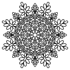 Black outline flower mandala. Vintage decorative element. Ornamental round doodle flower isolated on white background. Geometric circle element. Vector illustration.