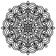 Black outline flower mandala. Vintage decorative element. Ornamental round doodle flower isolated on white background. Geometric circle element. Vector illustration.