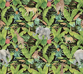 Hand drawn colorful seamless pattern with watercolor wild exotic animals, palm leaves, exotic plants, pineapples and banana leaves. Summer repeated background