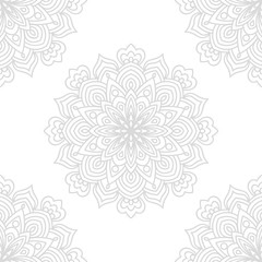 Gray and  white fantasy seamless pattern with ornamental round doodle flower isolated on white background. Black outline mandala. Geometric circle element wallpaper. Vector illustration.
