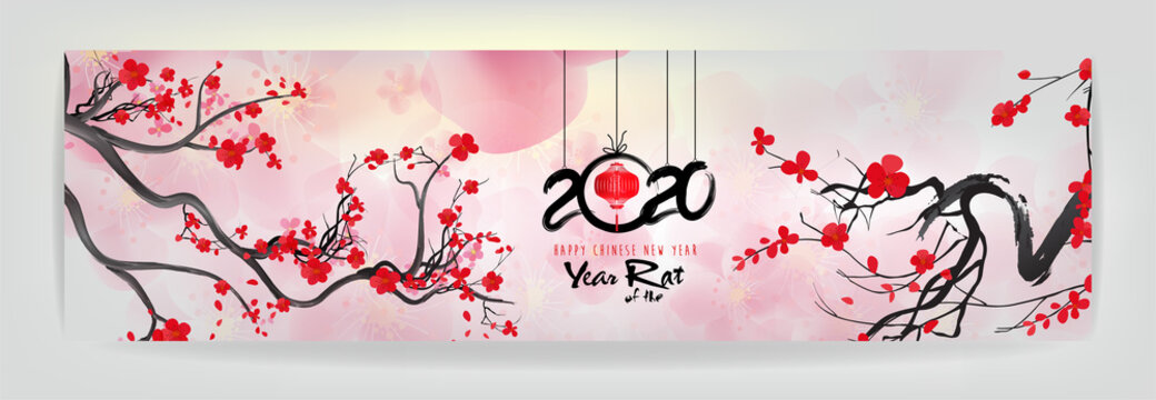 Happy Chinese New Year 2020 Year Of The Rat,Chinese Characters Mean Happy New Year, Wealthy. Lunar New Year 2020.