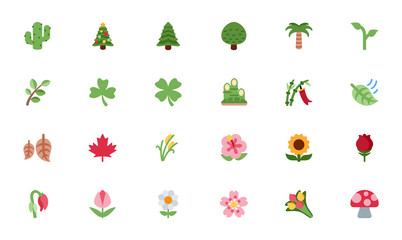 Nature, Floral icons, trees, flowers, leaves vector illustration flat style cartoon symbols, emojis, emoticons set, collection.