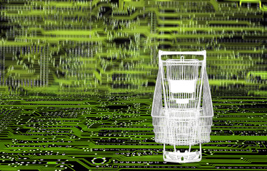 empty close up shopping cart over mother board computer part