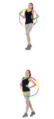 Young woman with hula hoop isolated on white 