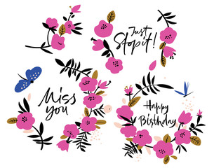 Abstract pink flowers wreaths. 