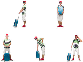 Young man with suitcase isolated on white 