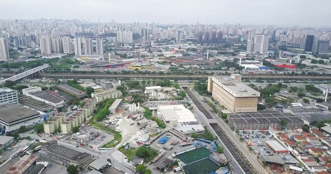 drone aerial shoot from marginal tiete in Sao Paulo above casa verde - limao - barra funda