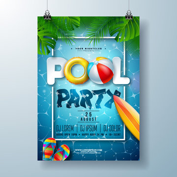 Summer pool party poster design template with palm leaves, water, beach ball and float on blue ocean landscape background. Vector holiday illustration for banner, flyer, invitation, poster.