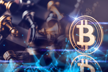 bitcoin cryptocurrency and chess board game business strategy ideas concept  with virtual line polygon graphic doble exposure
