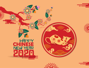 Happy Chinese New Year 2020 year of the rat,Chinese characters mean Happy New Year, wealthy. lunar new year 2020.