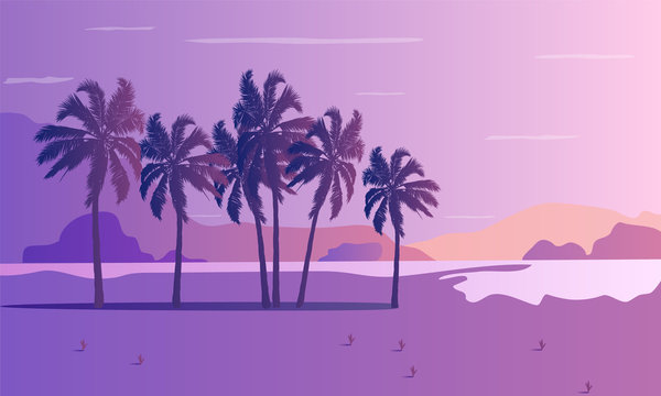 Landscape of palm trees of the sea and mountains at sunset, vector art illustration.