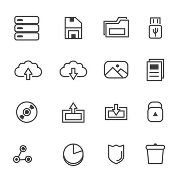 Set of storage and file related icon such as save icon, folder icon, disk ico
