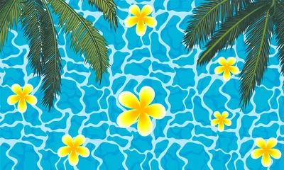 Stof per meter Palm trees with flowers on the background of the pool, vector art illustration. © kraft2727