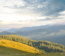 evening mountain landscape, green mountain valley at the sunset