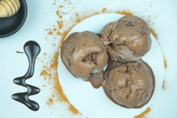 Three scoops of dark chocolate ice cream sundae