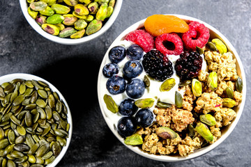 Breakfast Bowl of Cereals Yogurt and Fruit