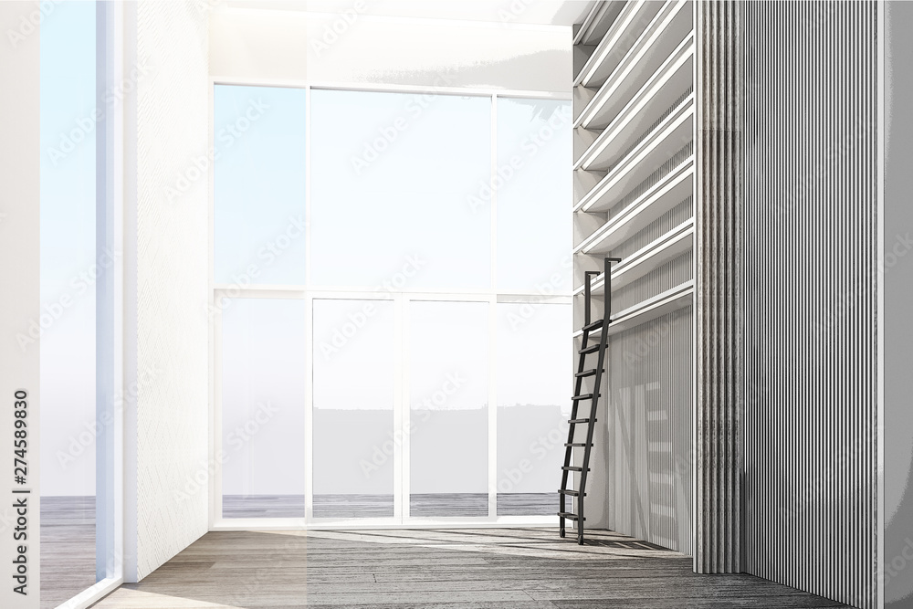 Poster co-wokring space with wall decorate and bookshelf built-in on wooden floor. 3d rendering