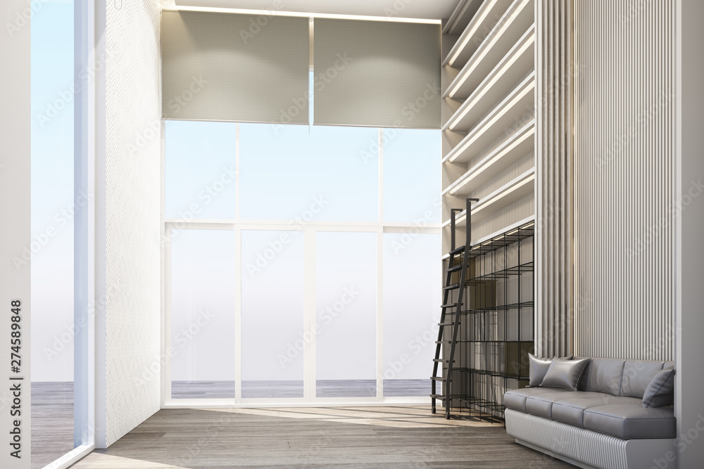Poster co-wokring space with wall decorate and bookshelf built-in on wooden floor. 3d rendering