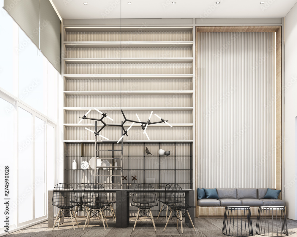 Poster co-wokring space with wall decorate and bookshelf built-in on wooden floor. 3d rendering
