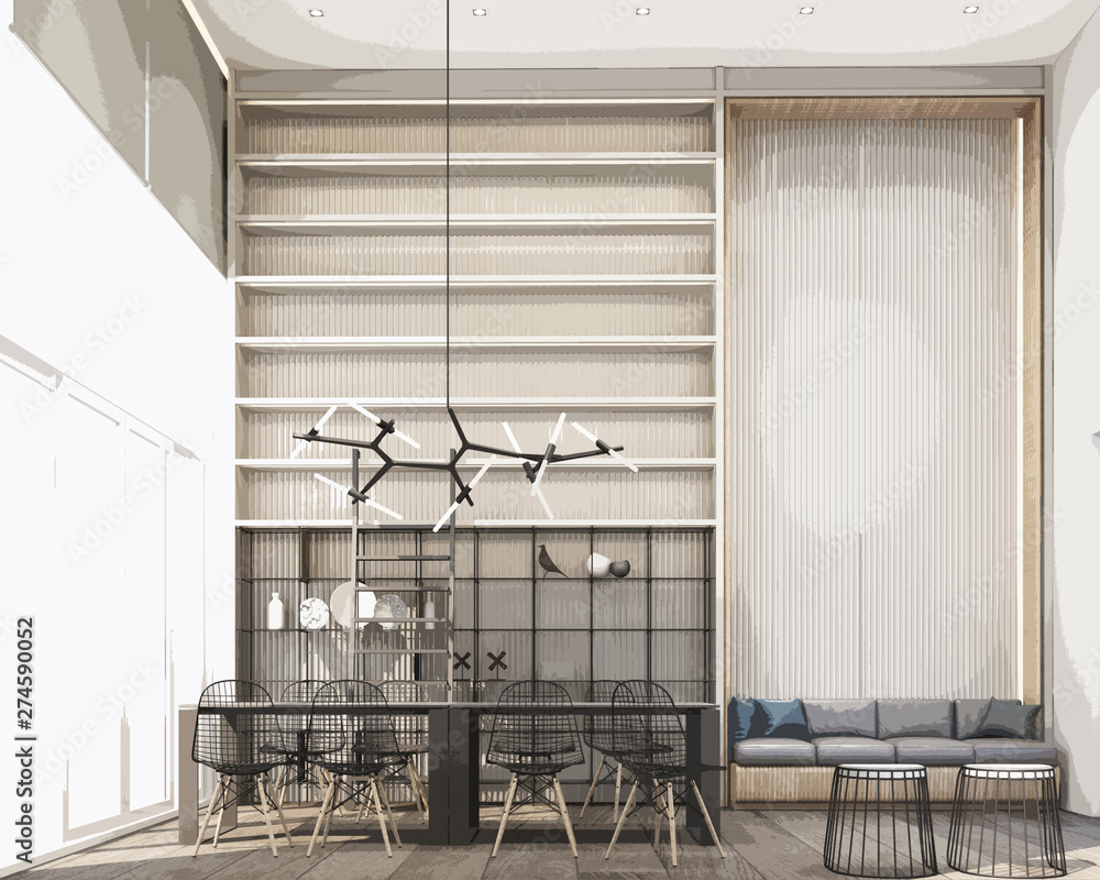 Poster co-wokring space with wall decorate and bookshelf built-in on wooden floor. 3d rendering