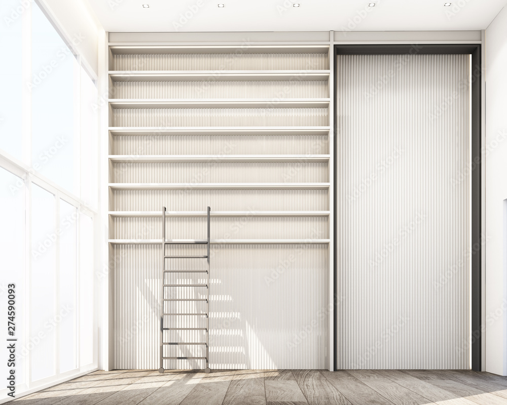 Aufkleber co-wokring space with wall decorate and bookshelf built-in on wooden floor. 3d rendering