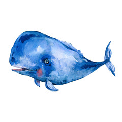 Watercolor blue whale watercolor illustration, nautical greeting card