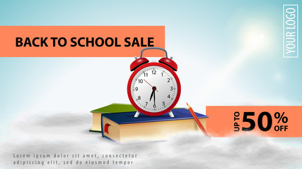 Back to school sale, light discount web banner for your website with school books and alarm clock