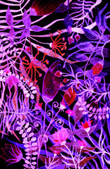 Illustration with bright tropical leaves,flowers.  Multicolor plants with hand drawn texture. Exotic backgrounds perfect for prints,flyers, banners, invitations, social media.