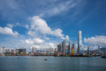 Fototapeta premium Landscape, Cityscape, Harbor, Blue Sky in Hong Kong
