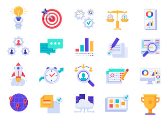Business icons. Company startup, corporate goals and brand vision. Money management business marketing app diagram software signs. Flat vector isolated symbols set