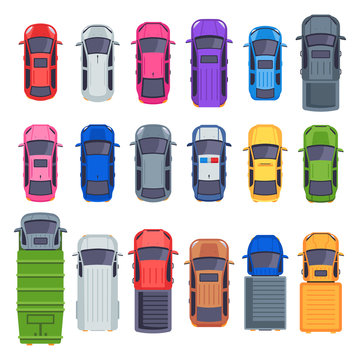 Top view cars. Auto transport, truck and car roof. City traffic automobile, jeep cars, truck or street taxi vehicle. Vector flat isolated icons illustration set