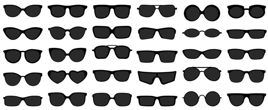 Sunglasses icons. Black sunglass, mens glasses silhouette and retro eyewear icon. Polarized geek glasses, hipster sun lens ocular. Isolated symbols vector set