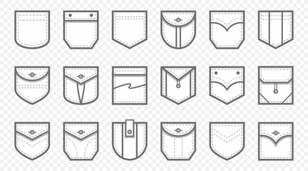 Patch pocket. Uniform clothes pockets patches with seam, patched denim pocket line. Casual style pocketful dress clothes, shirt arms pocket icons. Isolated icon vector set - obrazy, fototapety, plakaty