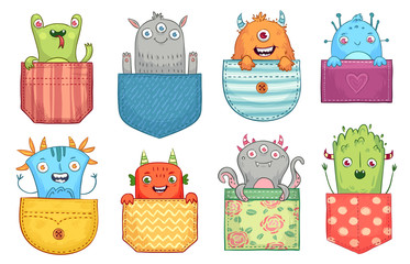 Cartoon pocket monster. Funny monsters in pockets, scary halloween creatures and little boo monster. Friendly pocket devil, beast or alien mascot expression. Vector illustration isolated icons set
